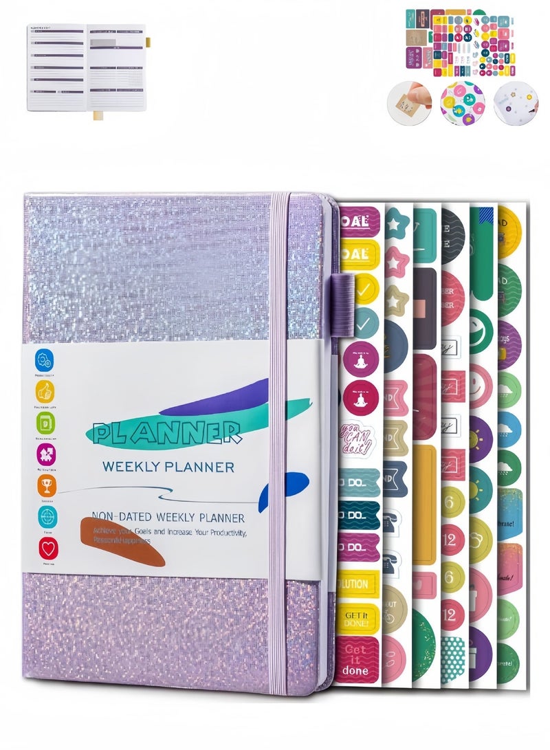 دفتر ملاحظات محمول A5 للكتابة، دفتر ملاحظات من الجلد الصناعي الفاخر للأهداف اليومية والأسبوعية والشهرية، غلاف مقوى مع ملصقات ملونة وفتحة قلم، دفتر ملاحظات سميك مبطن مع تقويم شهري مناسب للنساء والرجال والسفر والعمل والمكتب والمدرسة (أرجواني) - Image 1